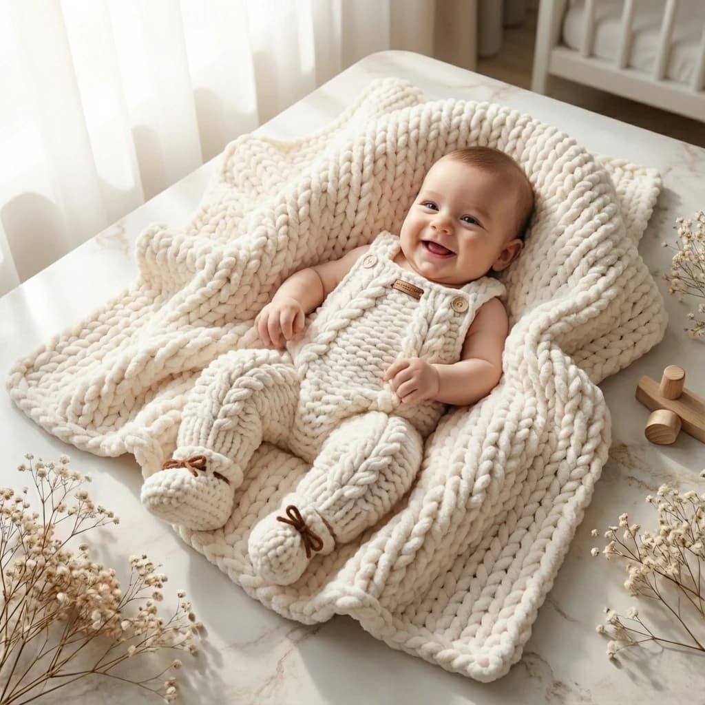 Cloud Cuddle Heirloom Baby Set | 4-Piece Handmade Chunky Knit Collection - product view