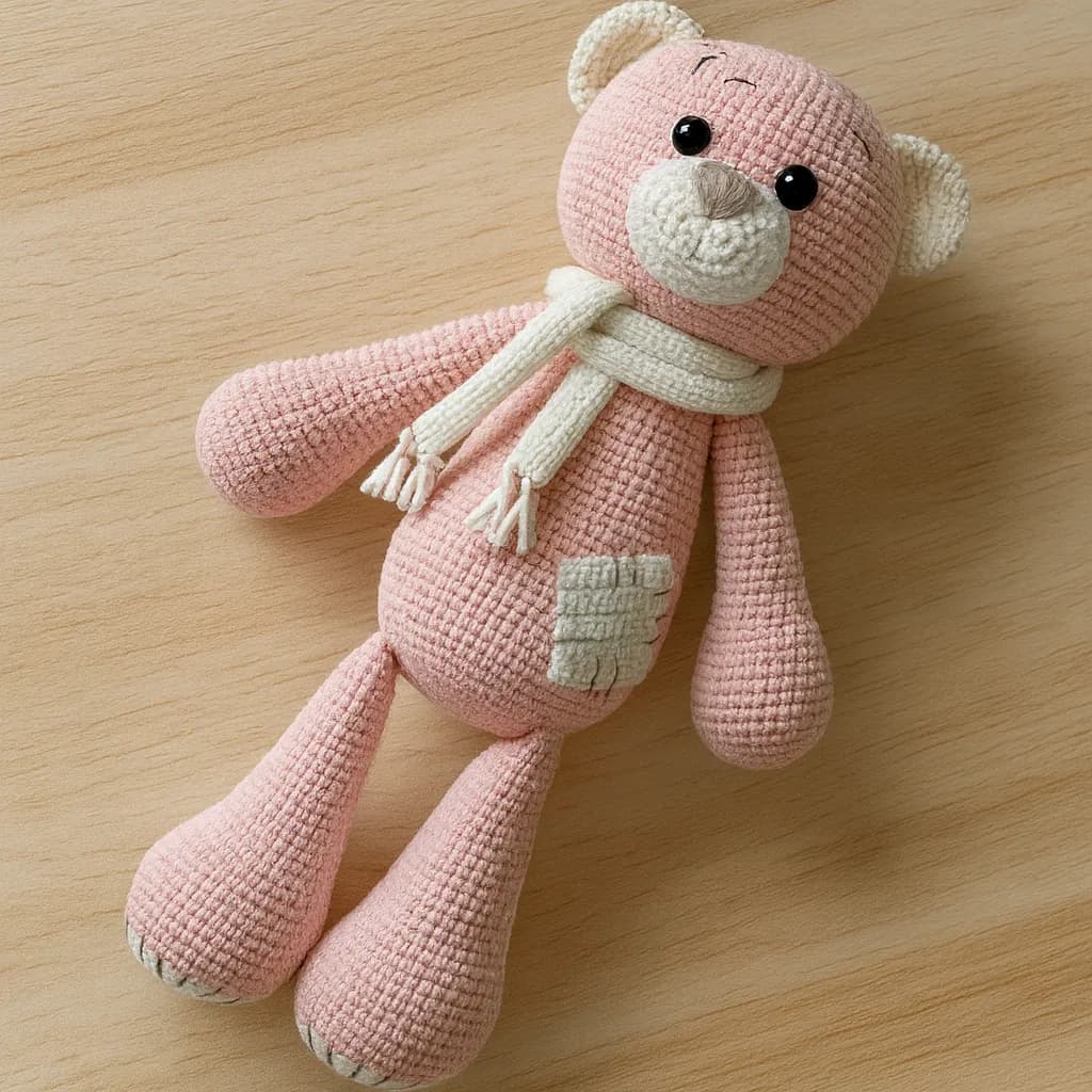 Winter's Tale Pink Bear | Handmade Amigurumi Teddy with Scarf & Patch Detail - product view