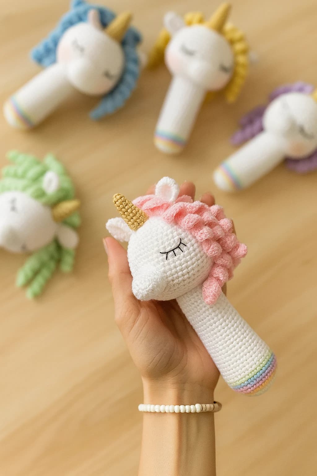 Magical Unicorn Rattle | Hand-Knitted Organic Cotton Baby Toy - product view