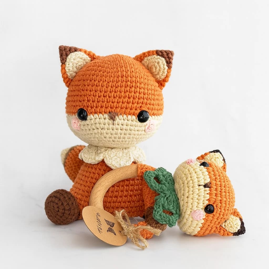 Forest Friend Fox Set | 3-Piece Handmade Crochet Baby Gift with Natural Wood Rattle - product view