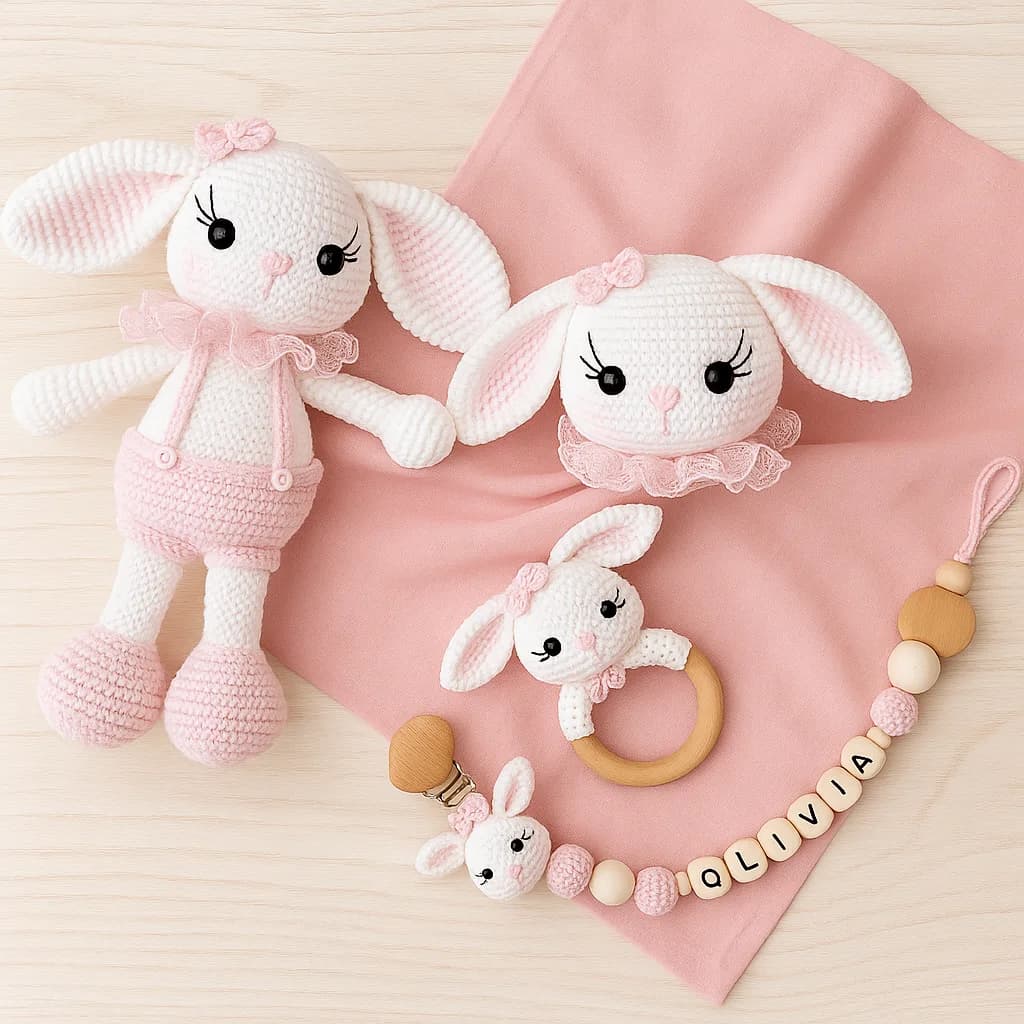 Princess Bunny Sleep Companion Set | 3-Piece Handmade Crochet Gift with Personalized Clip - product view
