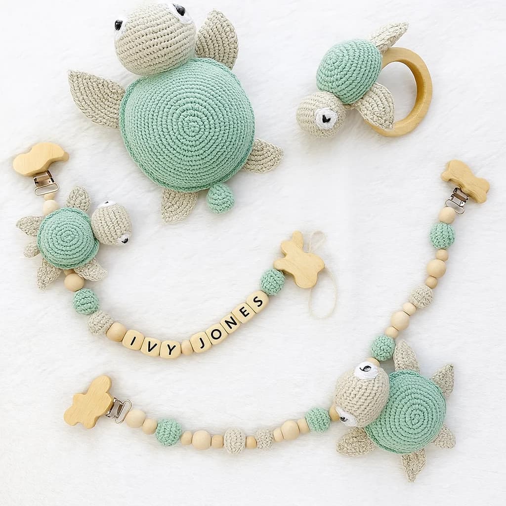Amigurumi Turtle Sleep Companion Set | Handmade Crochet Baby Gift with Personalized Clip - product view