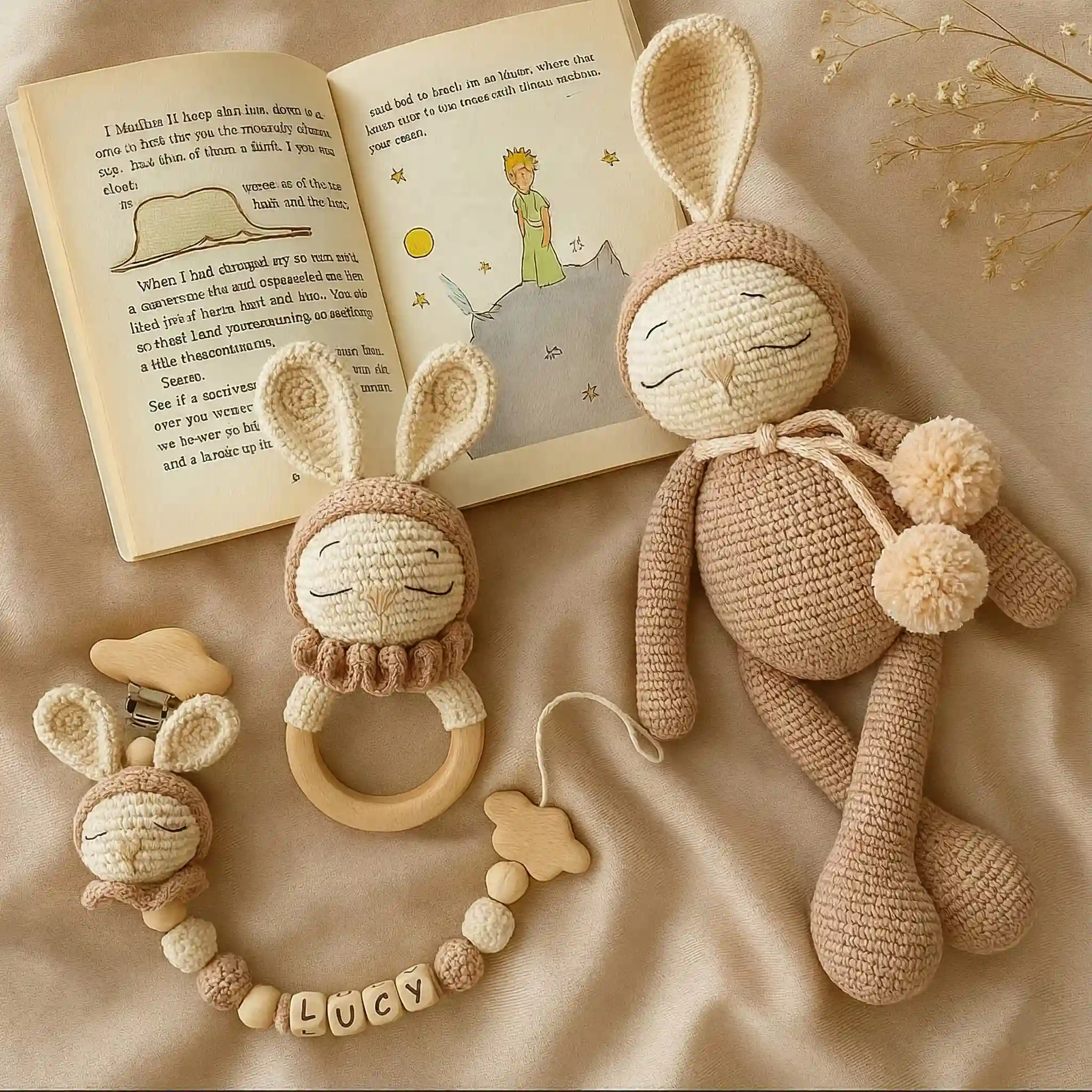 Little Dreamer Heirloom Gift Set | Handmade Crochet Bunny & Personalized Accessories - product view