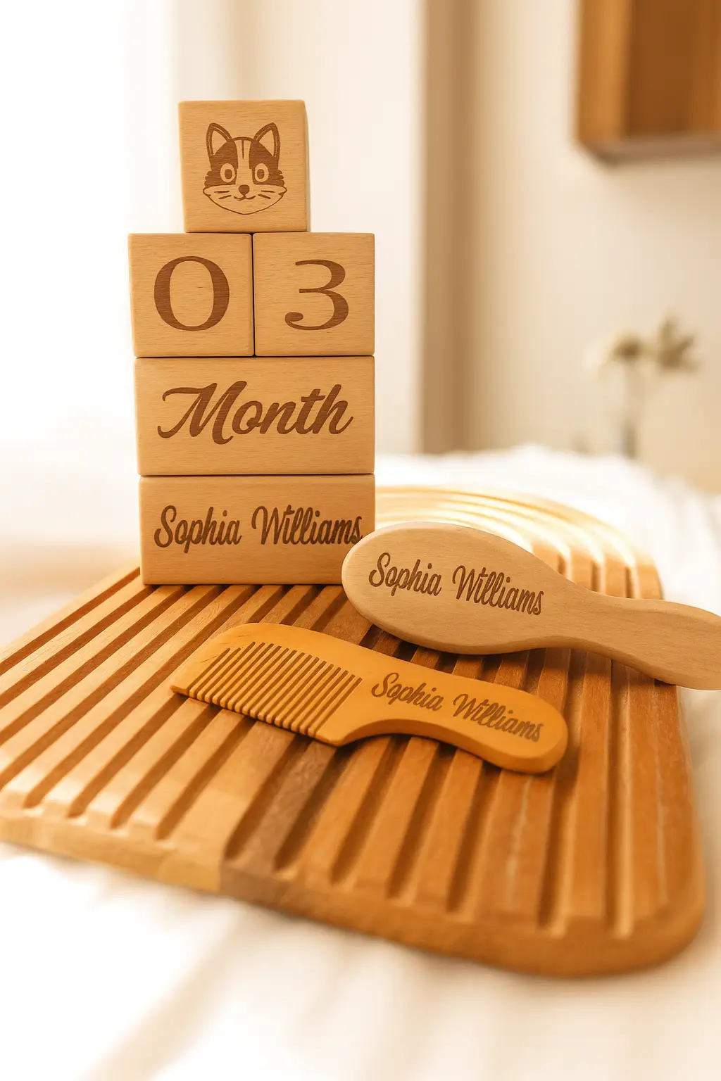 Personalized Wooden Baby Brush & Milestone Blocks | Custom Engraved Keepsake Set - product view