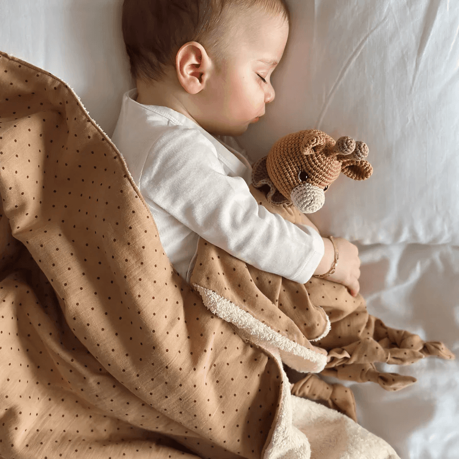 Calm Dots” Organic Muslin Blanket & Sleep Companion Set - product view