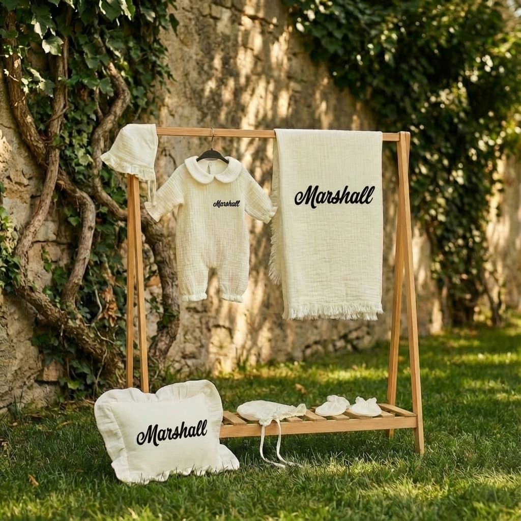 Personalized Organic Muslin Baby Set | 6-Piece Custom Name Collection - product view