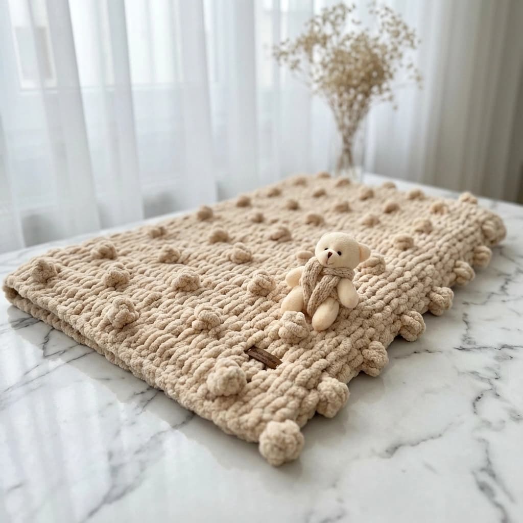 Teddy Bear Pom Pom Baby Blanket | Handmade Chunky Knit Nursery Essential - product view