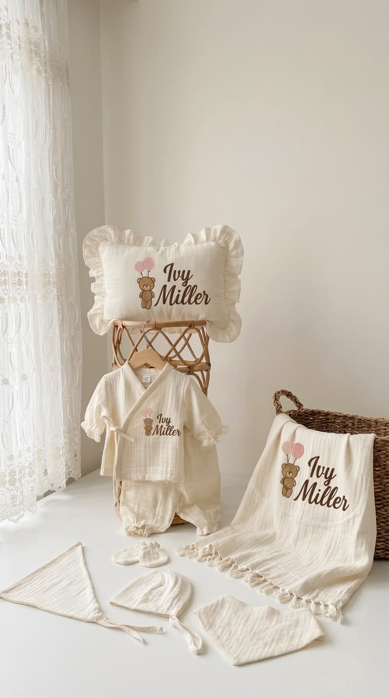 Teddy Bear Balloons 6-Piece Personalized Organic Muslin Baby Set - product view