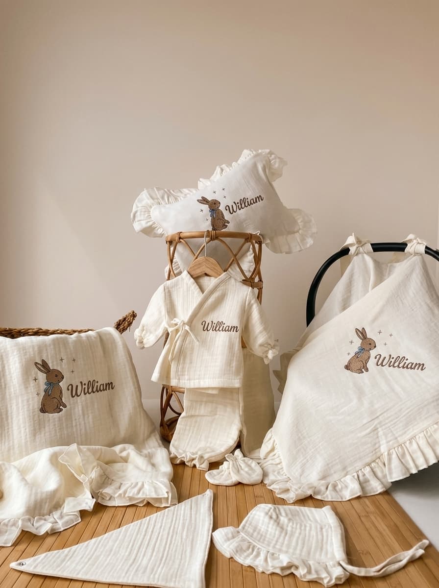 Little Prince's Tale Baby Set | 6-Piece Personalized Muslin Collection with Amigurumi Bunny - product view