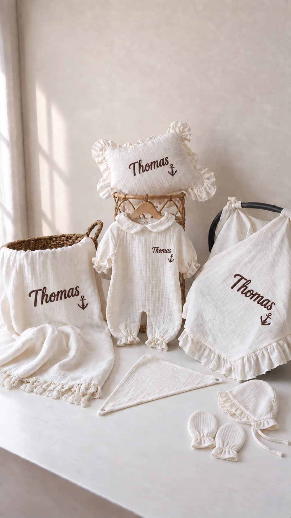 Anchored in Love Baby Set | 6-Piece Personalized Muslin Collection with Anchor Embroidery - product view